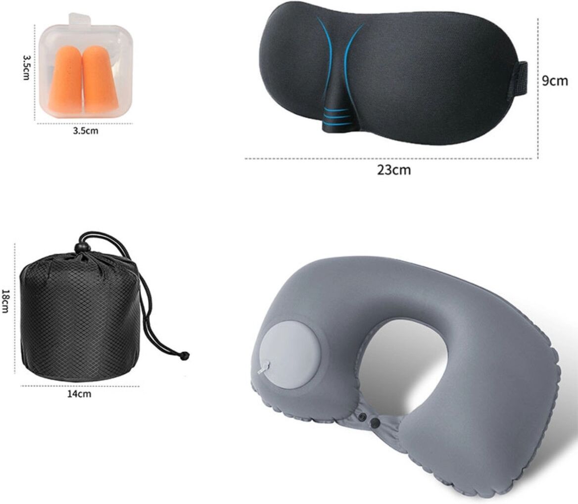 INF Milk Silk selbstaufblasendes U-Nackenkissen Reisekit mit 3D-Schlafmaske, Ohrstöpseln und Aufbewahrungstasche Grau
