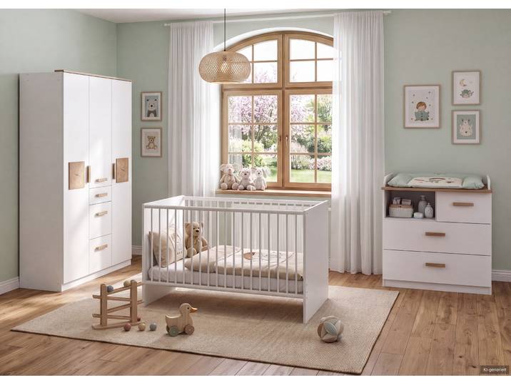 Babyzimmer-Set Kinderzimmer Babybett Wickelkommode Kleiderschrank 135 cm, Weiß & Eiche Dekor / 22813