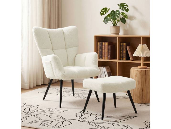 HOMCOM Fauteuil Salon Capitonné Peluche Teddy Repose-Pied Beige