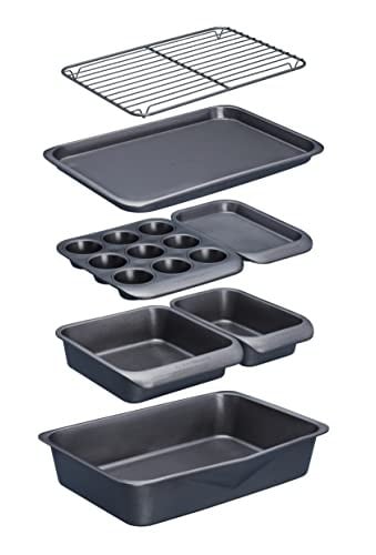 MasterClass Smart Space 7-delige stapelbare bakvormen set met antiaanbaklaag: braadpan, vierkante cakevorm, broodvorm, muffinschaal, twee bakplaten en koelrek