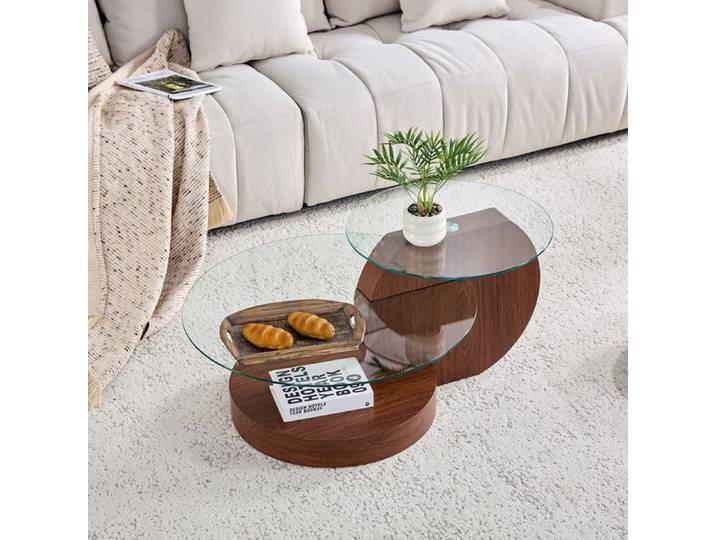 BELLEMAVE - Table basse ronde en verre design multicouche structure stable MDF aspect bois minimalisme moderne Noyer