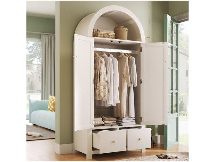 QAVRYL Armoire de chambre blanche 78 x 45 x 181 cm 2 portes 2 tiroirs et penderie