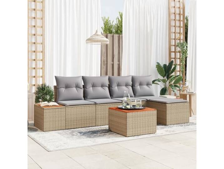 HEFZGDB 6-teiliges Garten-Sofa-Set mit Kissen aus Beige Poly-Rattan und Akazie für Terrasse und Balkon, Modulares Design mit Wetterbeständigen Materialien und Plüschkissen