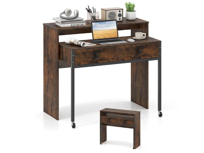 COSTWAY Bureau d'Ordinateur Rétractable - 2 Tiroirs et Roulettes - 100 x 63 x 88 cm - Coiffeuse Compacte pour Salon Chambre Marron
