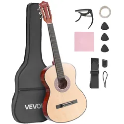 VEVOR Konzertgitarre, 960 mm, Holz-Klassikgitarren-Starter-Set für Anfänger, mit Nylonsaiten, Gigbag, Gurt, Stimmgerät, zusätzlichen Saiten, Plektrum, Kapodaster, Linde, für Einsteiger, Natur