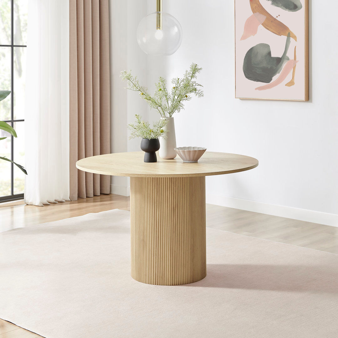 17 Stories Penny Pillar Round Dining Table - Melamine Scratch Resistant Veneer Top Oak Top/Oak Base