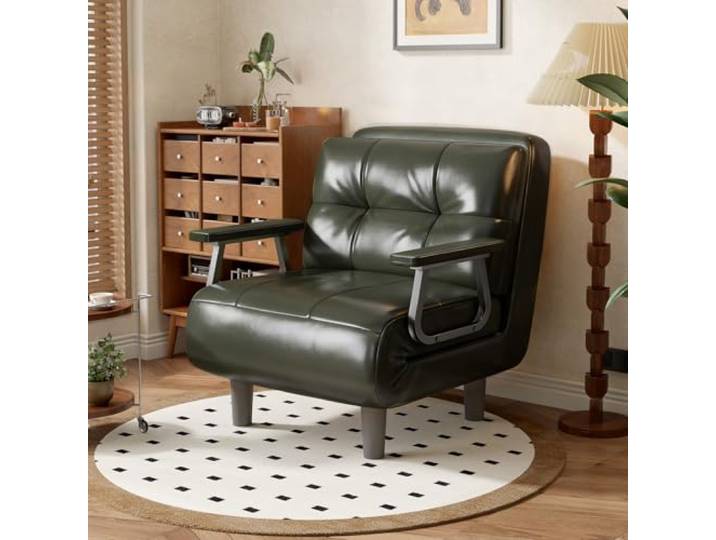 Sessel, Schlafsofa, 1-Sitzer, Kunstleder, abnehmbarer Sessel – weiches Kissen, hoher Komfort für Wohnzimmer und Büro (Dunkelgrün)