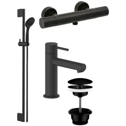 Herzbach Deep Black Duscharmaturen Set Brausearmatur, Wandstangenset, WT-Armatur, Ablaufventil
