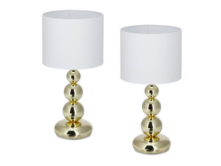 Relaxdays Tischlampe Gold Weiß 2er-Set Stoffschirm, Mehrfarbig, Metall, Rund, E27, 25x50x25 cm, Lampen & Leuchten, Innenbeleuchtung, Tischlampen