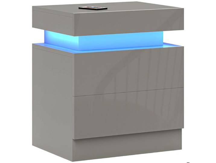 Table de Chevet Grise avec Éclairage LED - Table de Nuit Façade Haute Brillance 2 Tiroirs