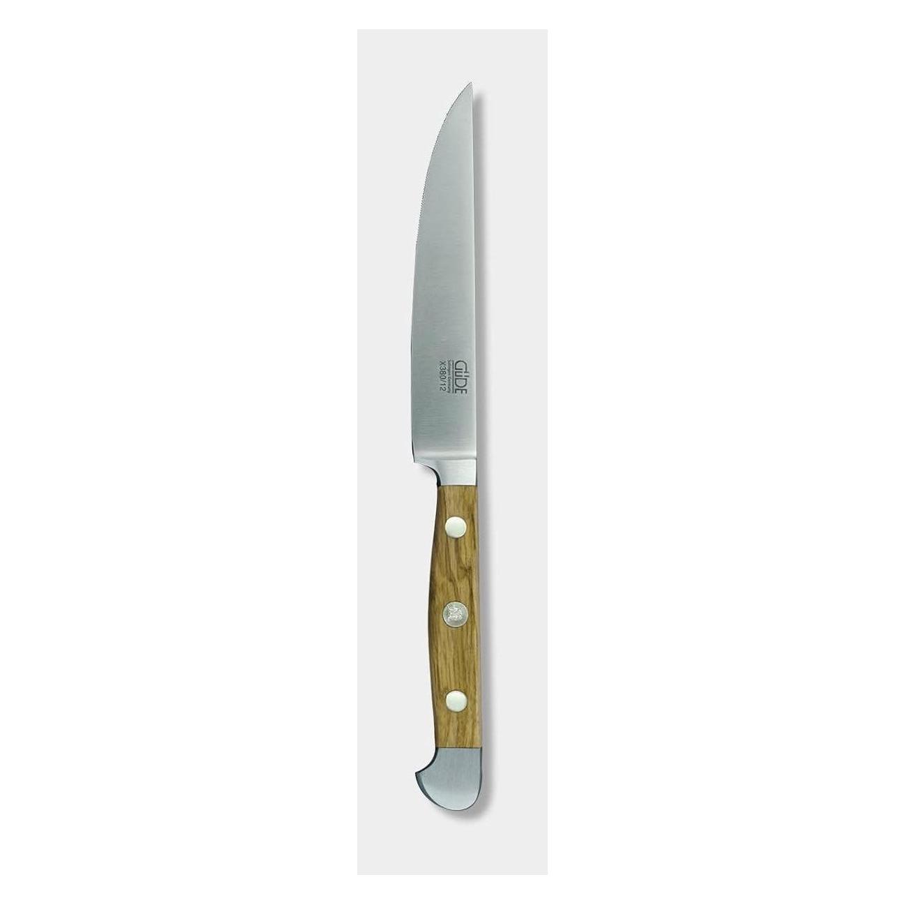 Güde Porterhouse Steakmesser, geschmiedet, Serie Alpha, Doppelkropf, glatte Klinge, Griff Olivenholz (X180/12)