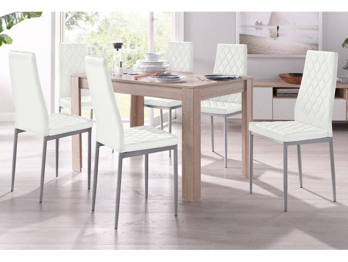 Essgruppe GOODPRODUCT, weiss (eichefarben sägerau, weiß), Sitzmöbel-Sets, Essgruppe, mit Tisch in Eichefarben Sägerau, Breite 120 cm