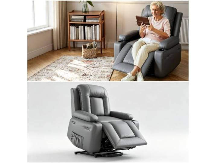 Thaookte Elektrischer Lift-Sessel mit Wärme & Massage Verstellbare Rücken- und Fußstütze, Standhilfe, PU-Kunstleder – FN45 Grey