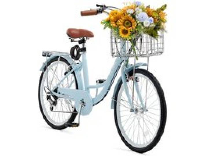 VEVOR Vélo croiseur, 7 vitesses, vélo de plage bleu clair de 660,4 mm, avec panier de grande capacité, porte-bagages arrière et siège réglable, sécurisé et robuste, pour cyclisme, exercice et shopping