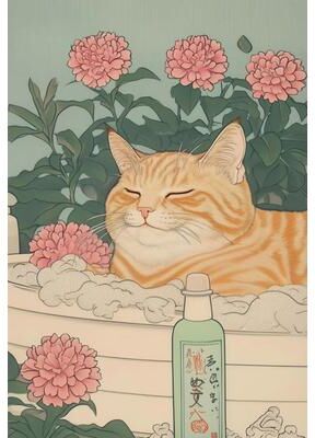 Inspired Finds Japandi Cat Bathtub Canvas Wall Art Retro Japanese Aesthetic Poster petal Foam 19.69x27.56in Unframed