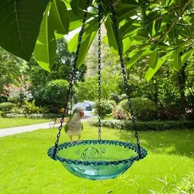 Inspire Select Flower Shaped Hanging Bird Feeder & Bird Bath Outdoor Garden Bird Water Tray With Chain 1 Layer blue