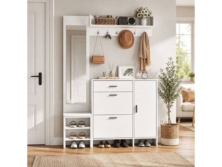 Porte-Manteau avec Étagère à Chaussures - Meuble d'Entrée avec Miroir - Style Moderne