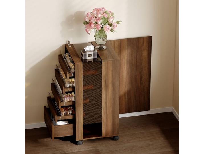 Chiffonnier Vitré avec 5 tiroirs devant et étagères au dos Petite Commode à Roulettes Chambre et Salon 40x40x81 Marron