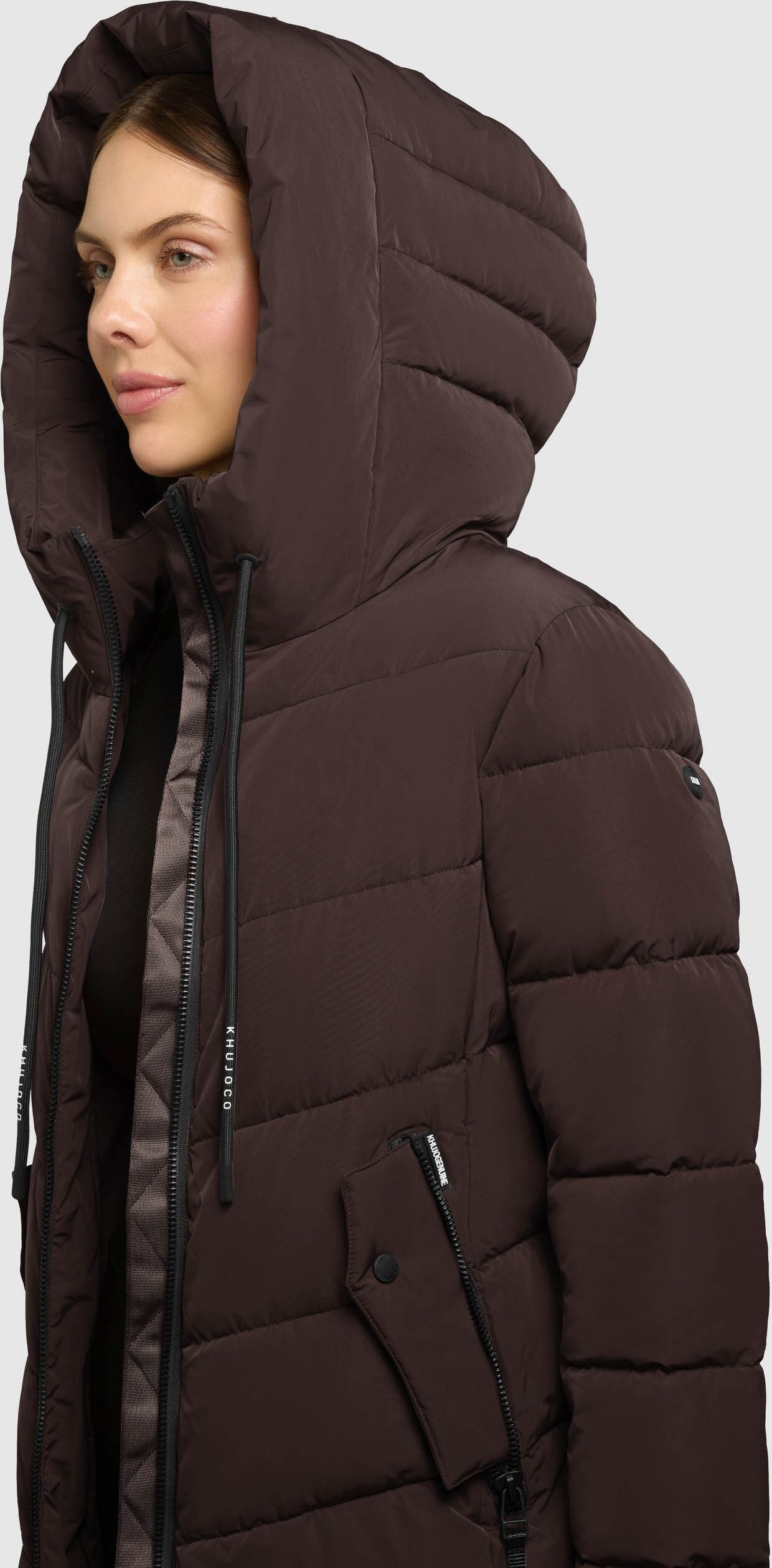 Steppmantel KHUJO "MIKIA4", Damen, Gr. XL, braun (chocolate chip), Web, Obermaterial: 100% Polyester. Futter: 100% Nylon. Füllung: 100% Polyester, unifarben, knielang, Mäntel Steppmantel, innenliegender Stehkragen chocolate chip XL