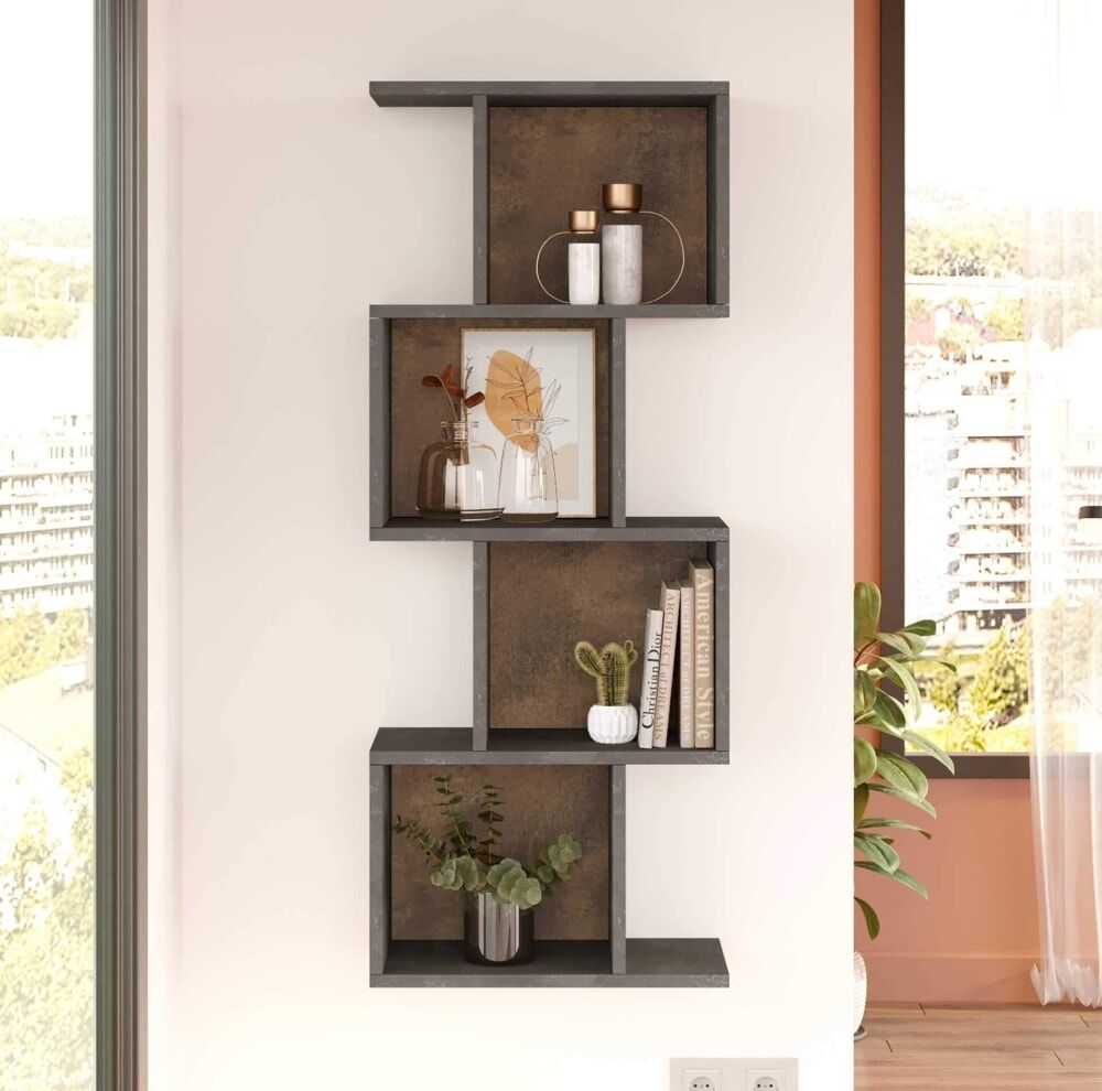 Mobili Rebecca Étagère murale avec 4 tablettes, gris effet béton Gris 50x125x25cm