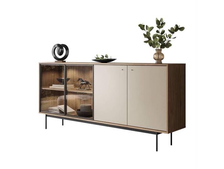 Lookway Kommode ISA 4D, viertürig mit LED-Beleuchtung., Eichefarben, 200x90x40 cm, Esszimmer, Vitrinen, Vitrinenschränke