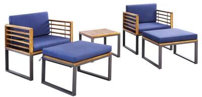 Costway 5 Piece Patio Acacia Wood Chair Set with Ottomans and Coffee Table-Navy