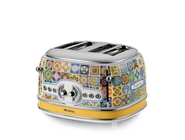 Ariete 156 Positano Broodrooster, 1630 W, 4 sneetjes, 6 bruiningsniveaus, kruimellade, Defrost-functie, automatische uitworp, zonder tangen, wit en geel