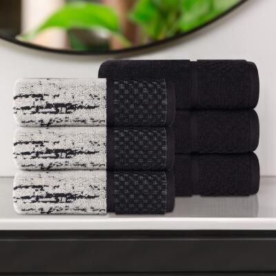 Superior Modern Cotton 6 Piece Hand Towel Set - Jacquard Solid & Abstract Patterned Mix