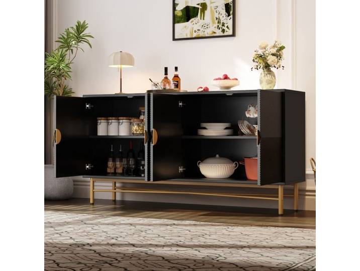 Buffet à texture en relief meuble à quatre portes poignées en métal doré brossé pieds de table laqués brillants noir 160x40x82cm
