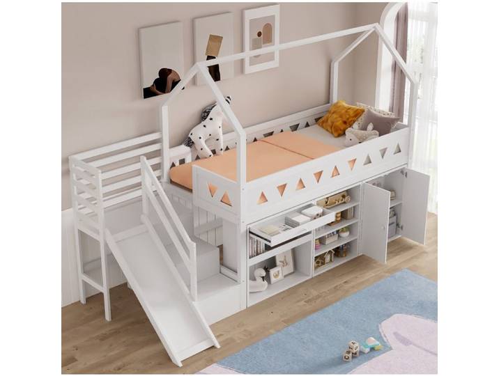 Lit Enfant Bois Blanc 90x200 Lit Combine Toboggan FloraGrace Pour Chambre Enfant Avec Tiroir Et Placards 295x134x199cm