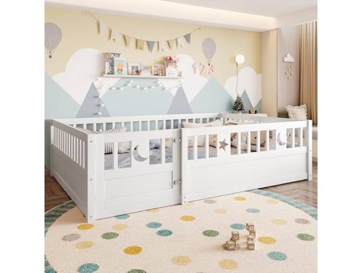 Merax Kinderbett Bodenbett 140x190 cm mit Rausfallschutz & Lattenrost, öffnbarem Zaun - Montessori Bett, Holz Bettgestell, Jugendbett Paneelbett, ohne Matratze, Minimalistischer Stil, Weiß