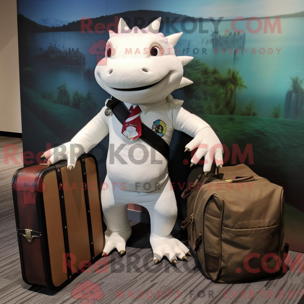 Maskottchen REDBROKOLY eines weißen Axolotls mit Rugby-Shirt und Aktentasche