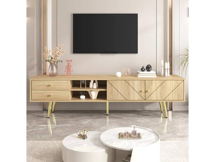 QLTXYHML TV-Möbel aus Metall und Holz, 2 Schubladen, 2 Türen, elegante goldene Füße