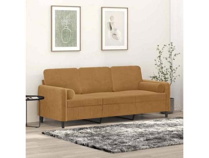 HEFZGDB Modernes 3-Sitzer-Sofa mit Zierkissen in Braun 180 cm Samtstoff – Weiches Velours Sofa mit Metallgestell für Wohnzimmer, Abnehmbare Bezüge und Hoher Komfort