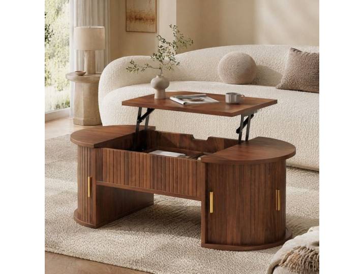 Table basse relevable - ZEVKOR - Table Basse Relevable Ovale - 2 portes coulissantes - MDF décor noyer - 100×50×40 5 cm