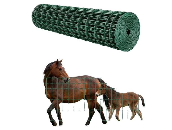 Clôture de jardin VEVOR\, 1\,2 x 25 m\, grillage métallique de 2\,1 mm\, fil d'acier galvanisé\, adaptée aux bovins\, porcs et moutons\, clôture grillagée recouverte de vinyle pour enclos\, cages et jardins\, couleur verte.