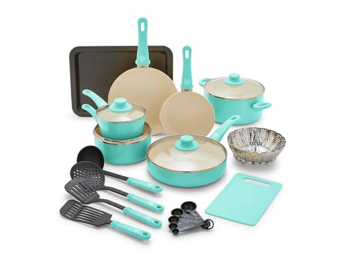 GreenLife Soft Grip Gesunde Keramik Antihaft 18 Stück Küche Kochgeschirr Töpfe und Bratsoße Saute Pfannen Set, PFAS-frei mit Küchenutensilien und Deckel, spülmaschinenfest, Türkis