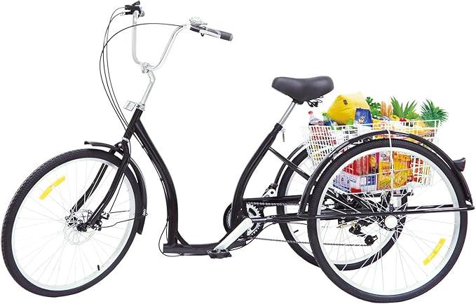 Dreirad für Erwachsene 26 Zoll, Dreirad Erwachsene 3 Räder Fahrrad mit 6 Gang, Inkl. Einkaufskorb, 120Kg Tragfähigkeit, Einstellbare Fahrzeughöhe für Erwachsene Senioren (Schwarz)