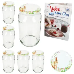 6er Set Sturzglas 1062ml Einmachglas Osterfreude Deckel Ostern Hase Rezept-Heft
