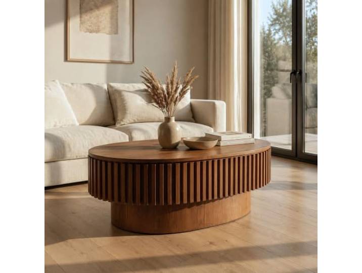 Yabunzel 98 cm Moderner Ovaler Couchtisch mit Stauraum, Holzoptik,Walnuss Moderner ovaler Sofatisch mit Fluted Design und abnehmbarem Deckel, Beistelltisch & Kaffeetisch mit verstecktem Stauraum