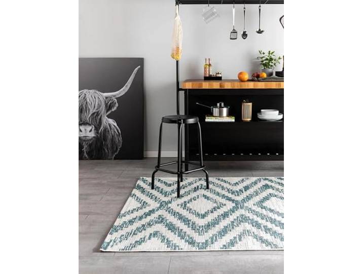 benuta Nest Teppich Cleo - Blau 120x170 cm - Kunstfaser - Outdoor geeignet - Rechteckig & im Style: Geometrisch, Zickzack, Boho-Style - Pflegeleicht für Wohnzimmer Schlafzimmer