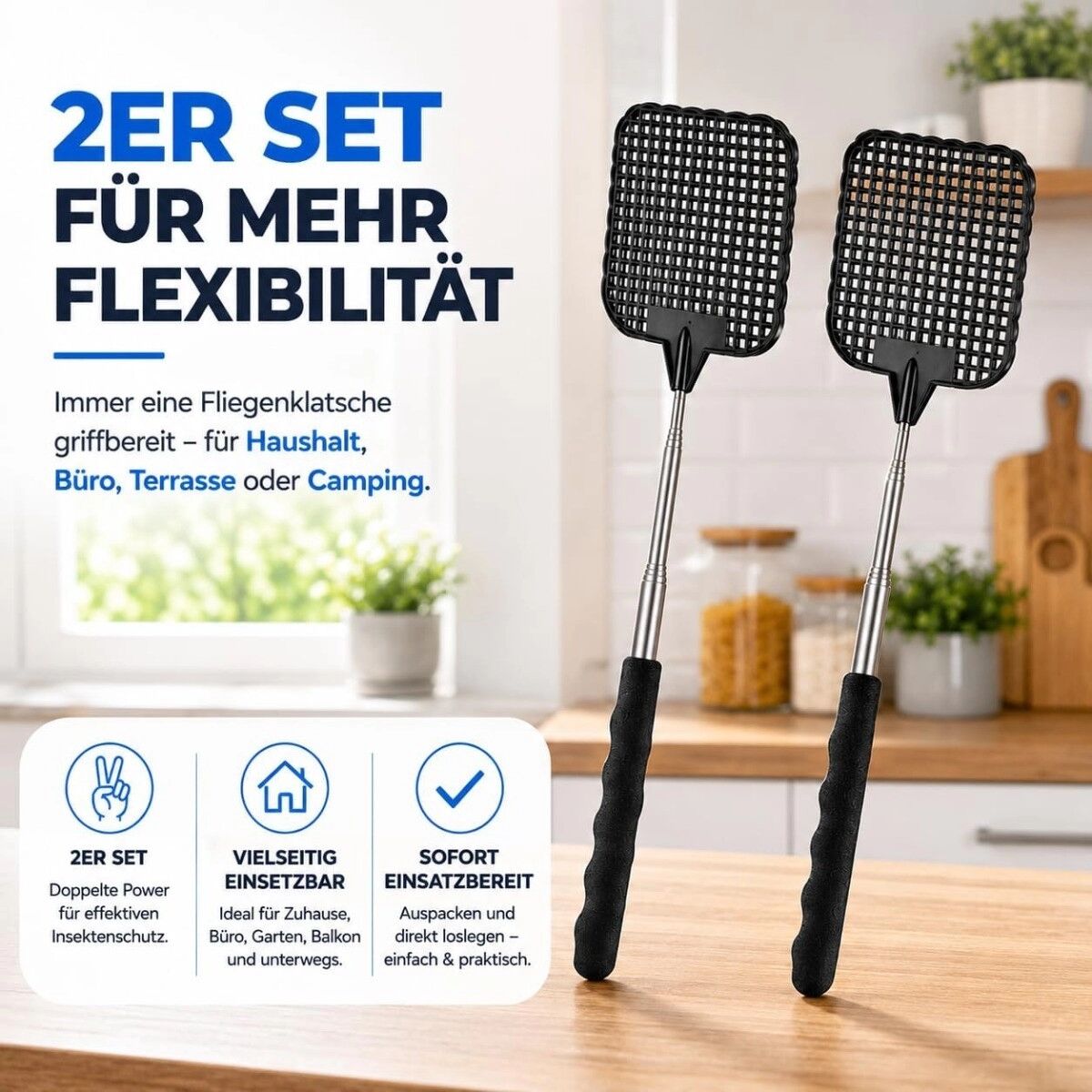 INF 2er-Set teleskopische Fliegenklatschen mit Edelstahl-Klatschenkopf und PP/PVC-Griff