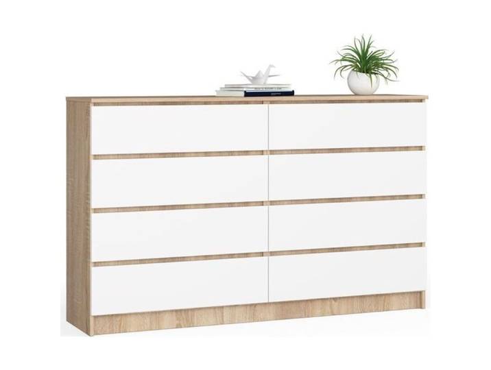 Grande Commode pour le salon AKORD K160 Chêne Sonoma 160 cm 8 tiroirs façade Blanche 160x40x99 cm
