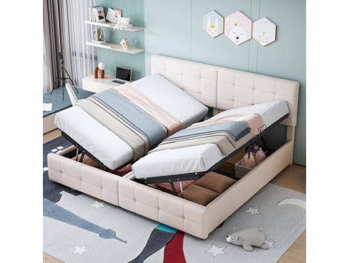 FAVSH Boxspringbett 180x200 cm, Polsterbett Hydraulisches Bett mit Bettkasten, Doppelbett mit Höhenverstellbarem Kopfteil, für Jugendliche/Kind, Samtstoff, Ohne Matratze (Beige)