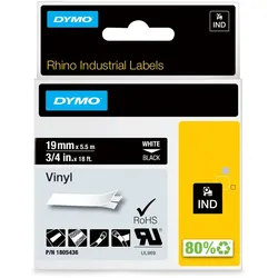 DYMO Rhino-Industrie-Vinyletiketten | 19 mm x 5,5 m | weiß auf schwarz | selbstklebendes Schriftband | für Rhino und LabelManager Beschriftungsgerät