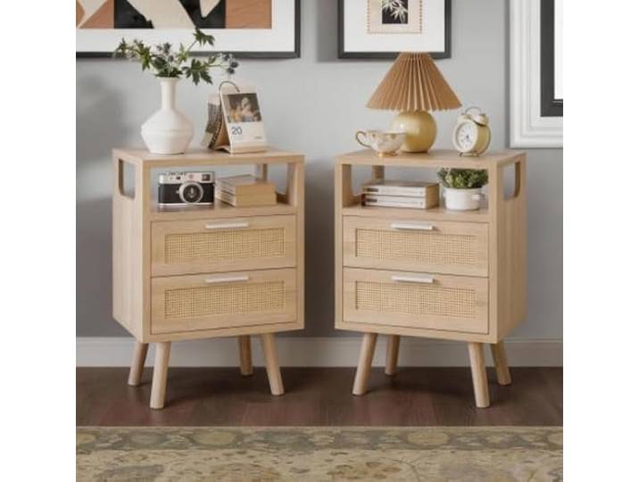 Twwhshf-ou 2er-Pack Nachttische mit 2 Schubladen, natürliches Rattan-Design for Schlafzimmer