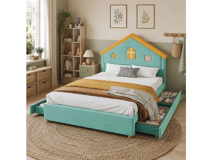 WUVRIE Lit cabane enfant 140x200 cm bleu-vert lit rembourré avec 4 tiroirs velours français