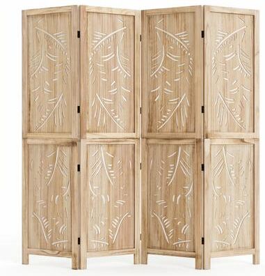 Costway 4-Panel Wooden Room Divider with Palm Leaf Design & Paulownia Frame for Home