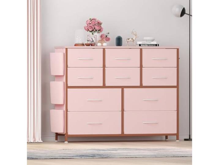 Garvee Kommode mit 10 Schubladen, Kommode Hoch, 98x30x100cm Wohnzimmerschränke, Schubladenschrank mit Griffen, Seitentaschen Und Haken, Komodenschrank für schlafzimmer, Wohnzimmer, Rosa