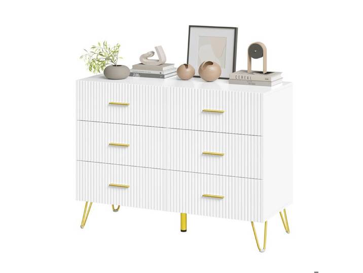 WOLTU Commode 6 Tiroirs - Design élégant - Bois d'Ingénierie - Pieds en Métal Doré - 100x40x75cm - Blanc